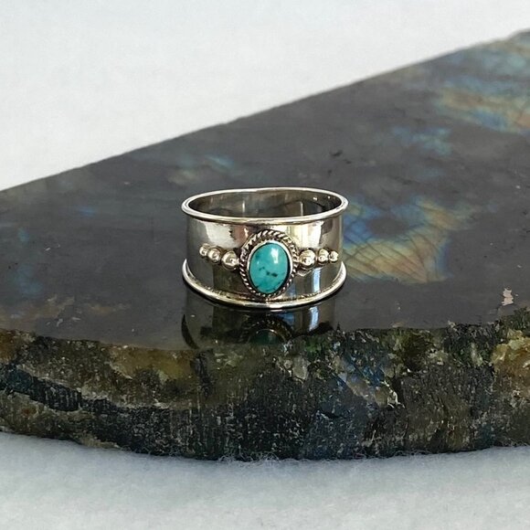Sterling Silver 925 Oval Bezel Set Turquoise Cigar Band Ring Size 5.75 NEW - Picture 5 of 16